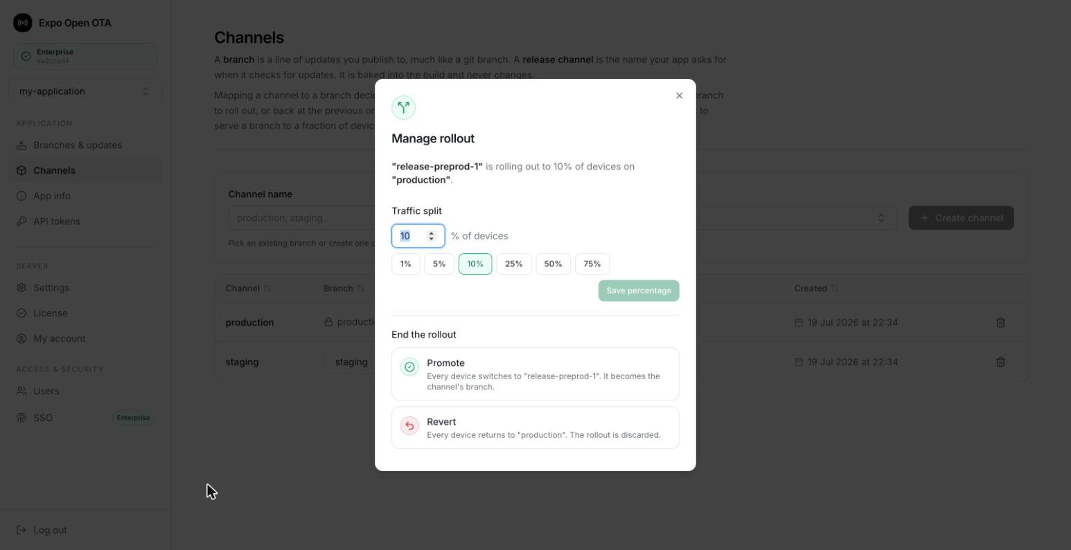 Manage rollout dialog with traffic split presets and promote or revert actions