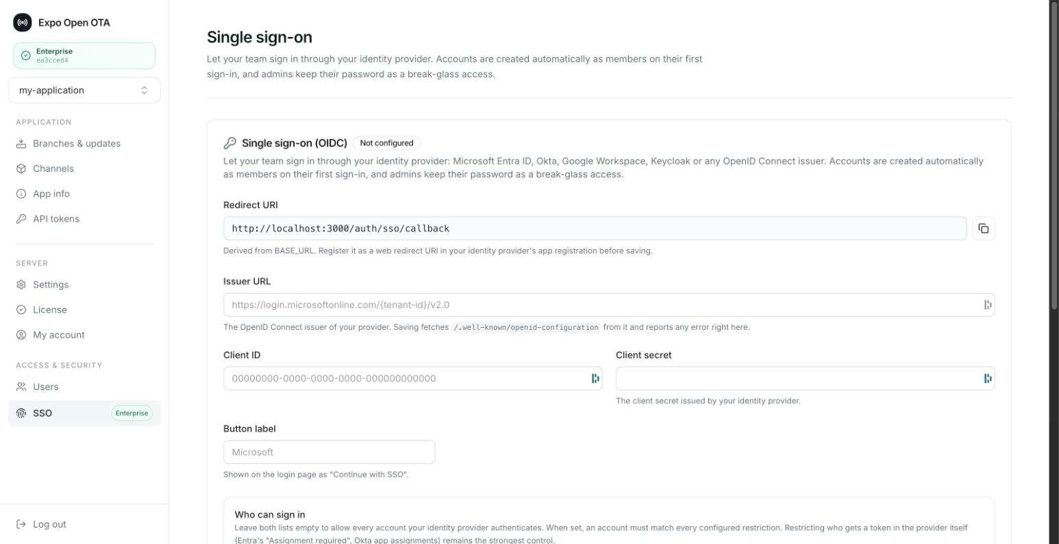 Single sign-on configuration page supporting any OIDC identity provider